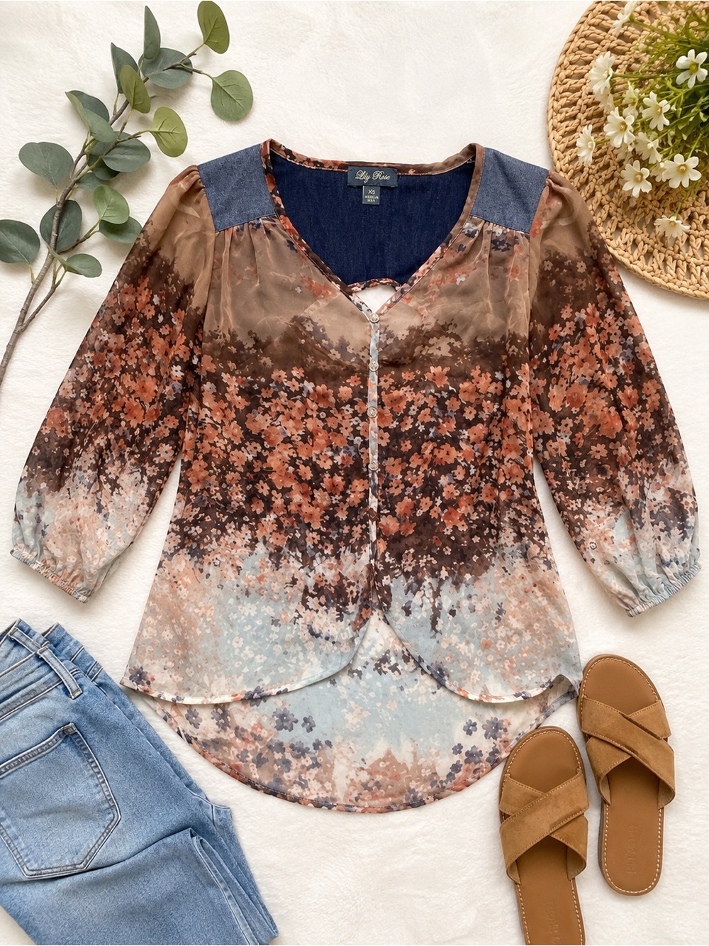 Lily Rose Brown and Light Blue Floral Ombre Peasant Blouse